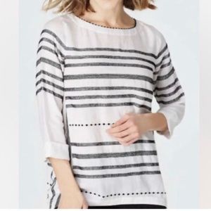J.Jill love linen white and black embroidered stripe tunic top size L 100% Linen
